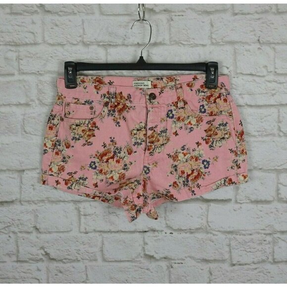 💰3/$25 Forever 21 Women's Floral Denim Jean Shorts Button Fly Pink Festival 30 - Picture 3 of 12